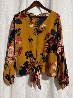 Umgee Mustard Floral Tie-Front Blouse ~ Size Medium